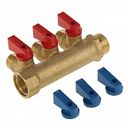 Коллектор с шаровыми кранами 3/4" 3х1/2" красные + синие ручки TIM MV-3/4-N-3